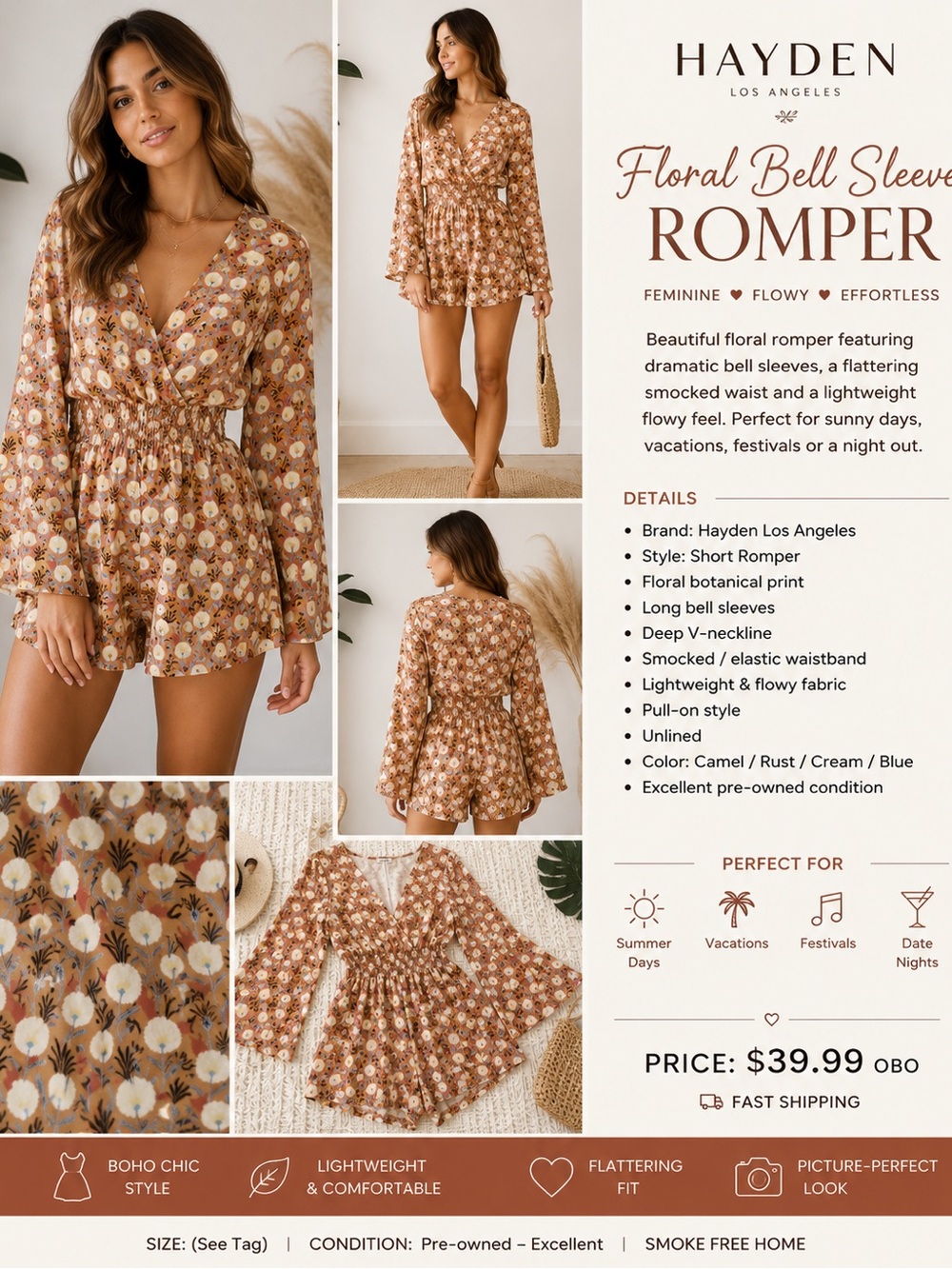 Hayden Camel Floral Bell-Sleeve Romper